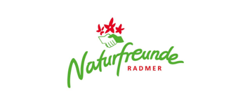 Das Logo für Naturfreunde Radmer, mit einem Händedruck und roten Blättern, präsentiert in Grün und Rot auf weißem Hintergrund.