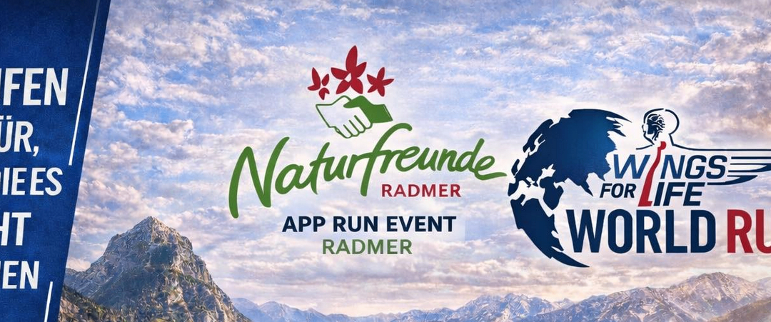 Logo für ein Laufevent von Naturfreunde Radmer mit Bergen und einem Globus im Hintergrund.