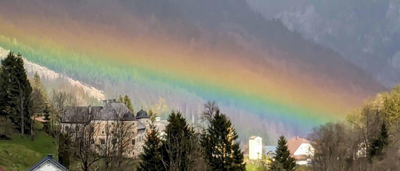 Bild enthält, Nature, Outdoors, Sky, Tree, Fir, Rainbow, Scenery, Landscape, Vegetation, Mountain Range