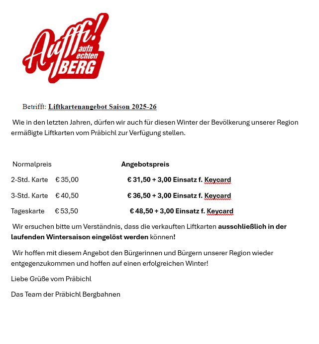 Ein Flyer mit dem Titel 'Liftkartenangebot Saison 2025-26' informiert, dass Liftkarten für die Wintersaison von Prábich gekauft werden können. Preise sind für verschiedene Kategorien von Karten aufgeführt. Der Flyer bittet um Verständnis, dass die Karten nur in der laufenden Wintersaison genutzt werden können.