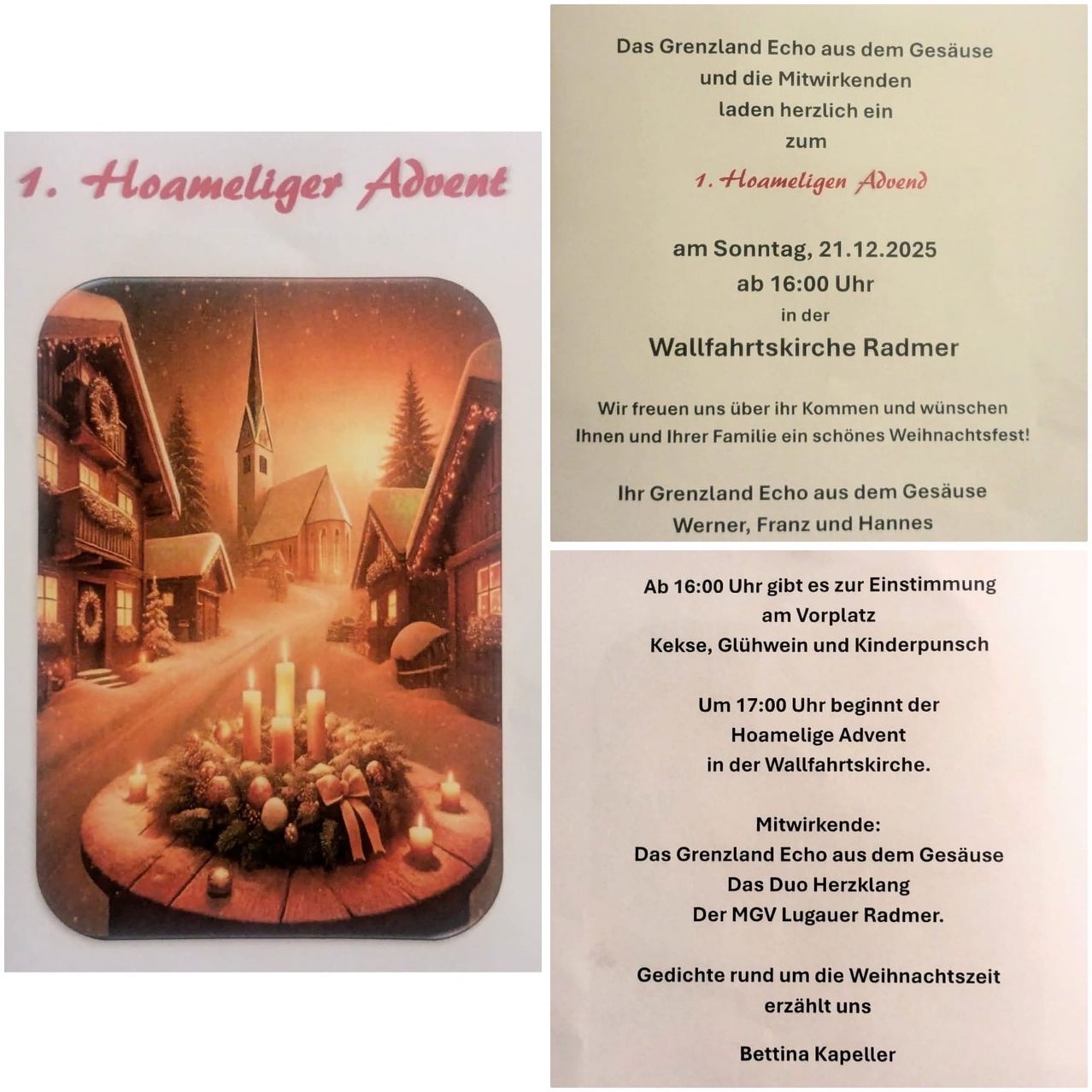 Das Bild zeigt einen Flyer mit festlicher Weihnachtsthematik, der eine verschneite Dorfszene mit Kerzen und einer Kirche zeigt und zu einem heimeligigen Adventsabend am 21. Dezember 2025 einlädt.
