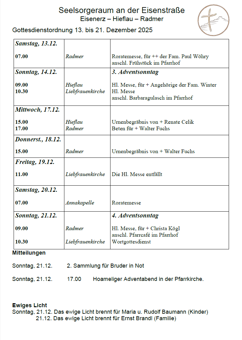 Ein Zeitplan listet verschiedene Gottesdienste und Veranstaltungen mit bestimmten Zeiten auf, einschließlich Sonntagsmessen, Gedenkfeiern und Versammlungen. Es enthält Namen von Personen und Orte.
