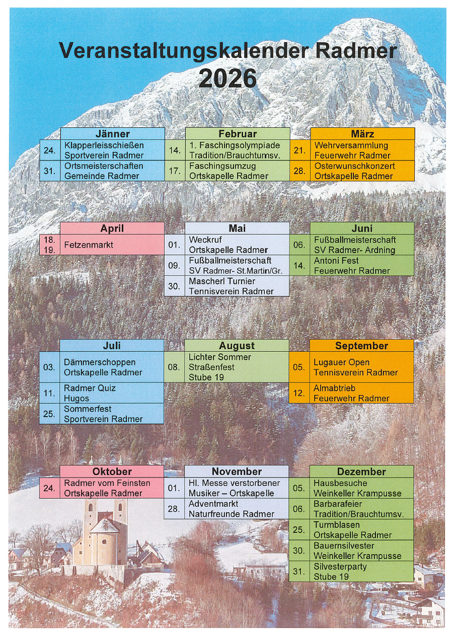 Eine Kalenderseite für Radmer mit aufgelisteten Veranstaltungen von Januar bis Dezember. Veranstaltungen umfassen Sportwettbewerbe, Karneval und traditionelle Zusammenkünfte.
