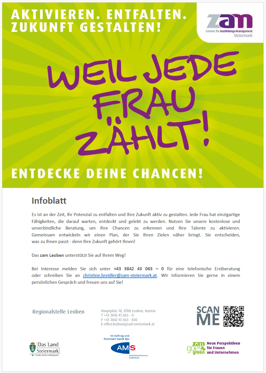 Ein Flyer wirbt für einen kostenlosen Service für Frauen und ermutigt sie, ihr Potenzial zu entdecken. Er betont die Einzigartigkeit jeder Frau und bietet an, ihnen zu helfen, ihre Talente und Ziele zu verwirklichen. Kontaktinformationen und eine Einladung zu einem persönlichen Gespräch werden angeboten.