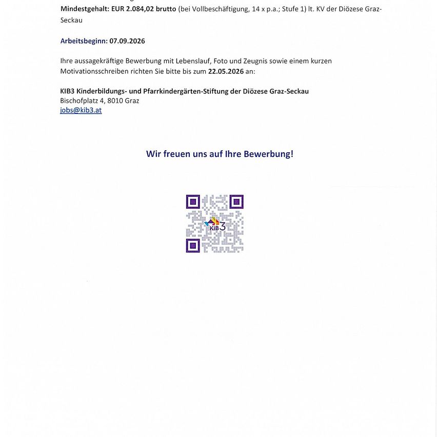 Ein Stellenangebot für eine Vollzeitposition mit einem Bruttogehalt von EUR 2.084,02. Bewerbungsfrist ist der 22.05.2026. Kontakt jobs@kib3.at.