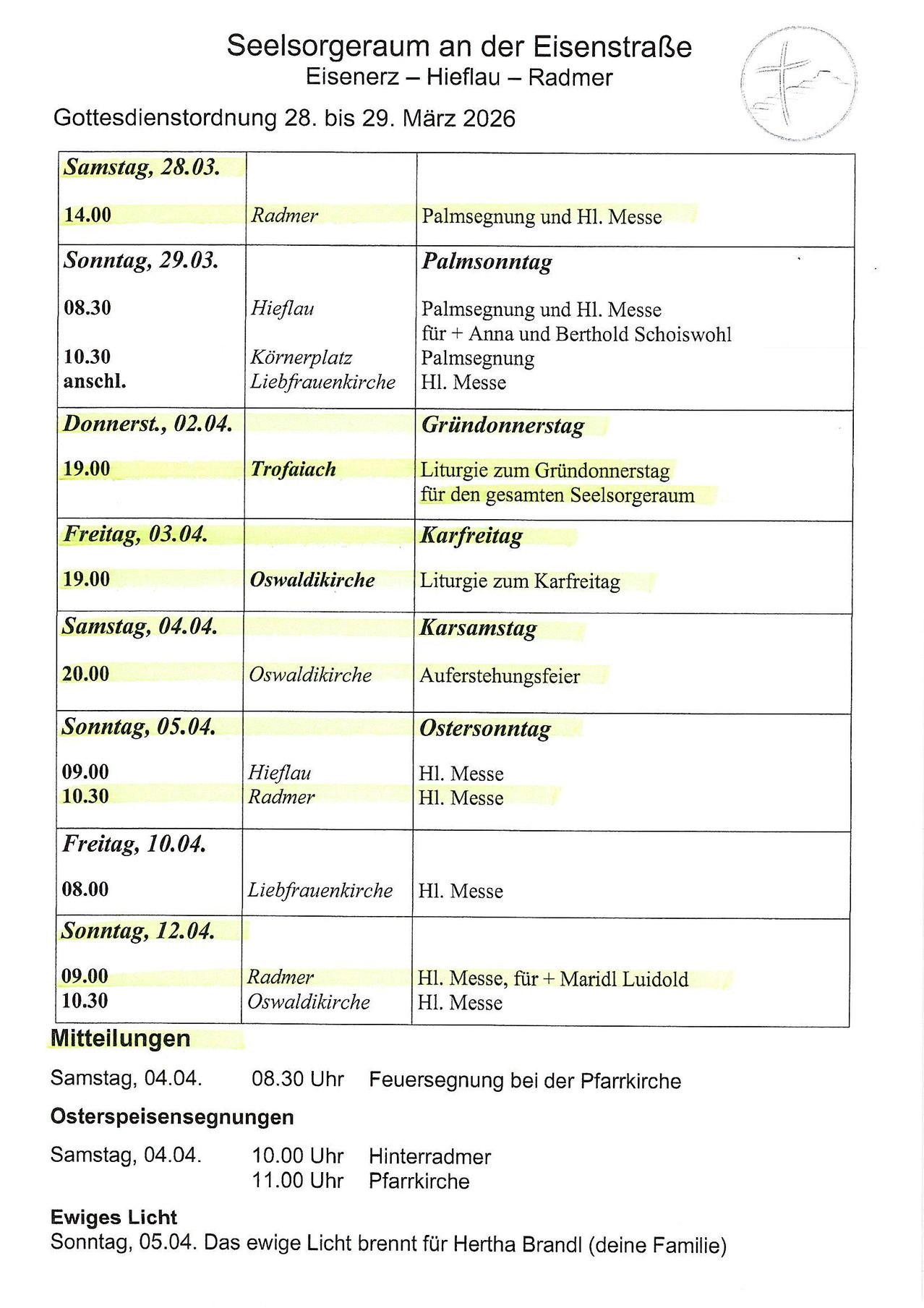 Eine Tabelle mit Daten, Zeiten und Kirchendiensten. Die Dienste umfassen Palmsonntag, Gründonnerstag, Karfreitag und Ostersonntag. Spezifische Veranstaltungen sind Palmsonntag Messe, ein Gottesdienst für Anna und Berthold Schoiswohl und eine Osternachtfeier.