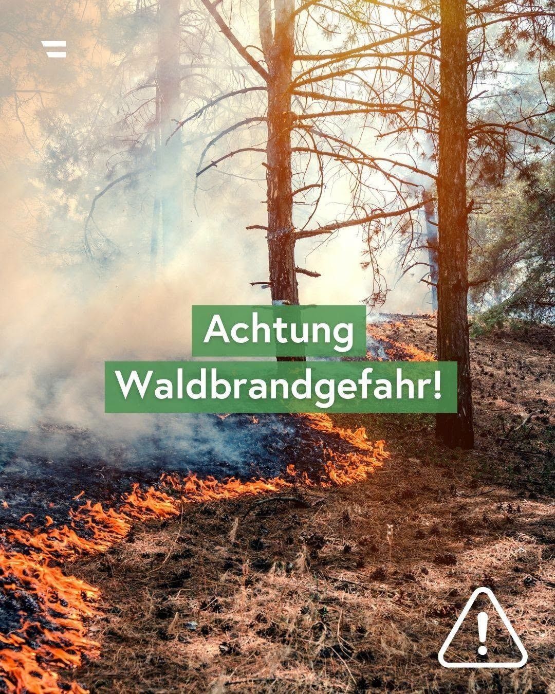Ein Waldbrandwarnschild mit dem Text 'Achtung Waldbrandgefahr!' vor einem brennenden Wald mit Rauch und Bäumen.
