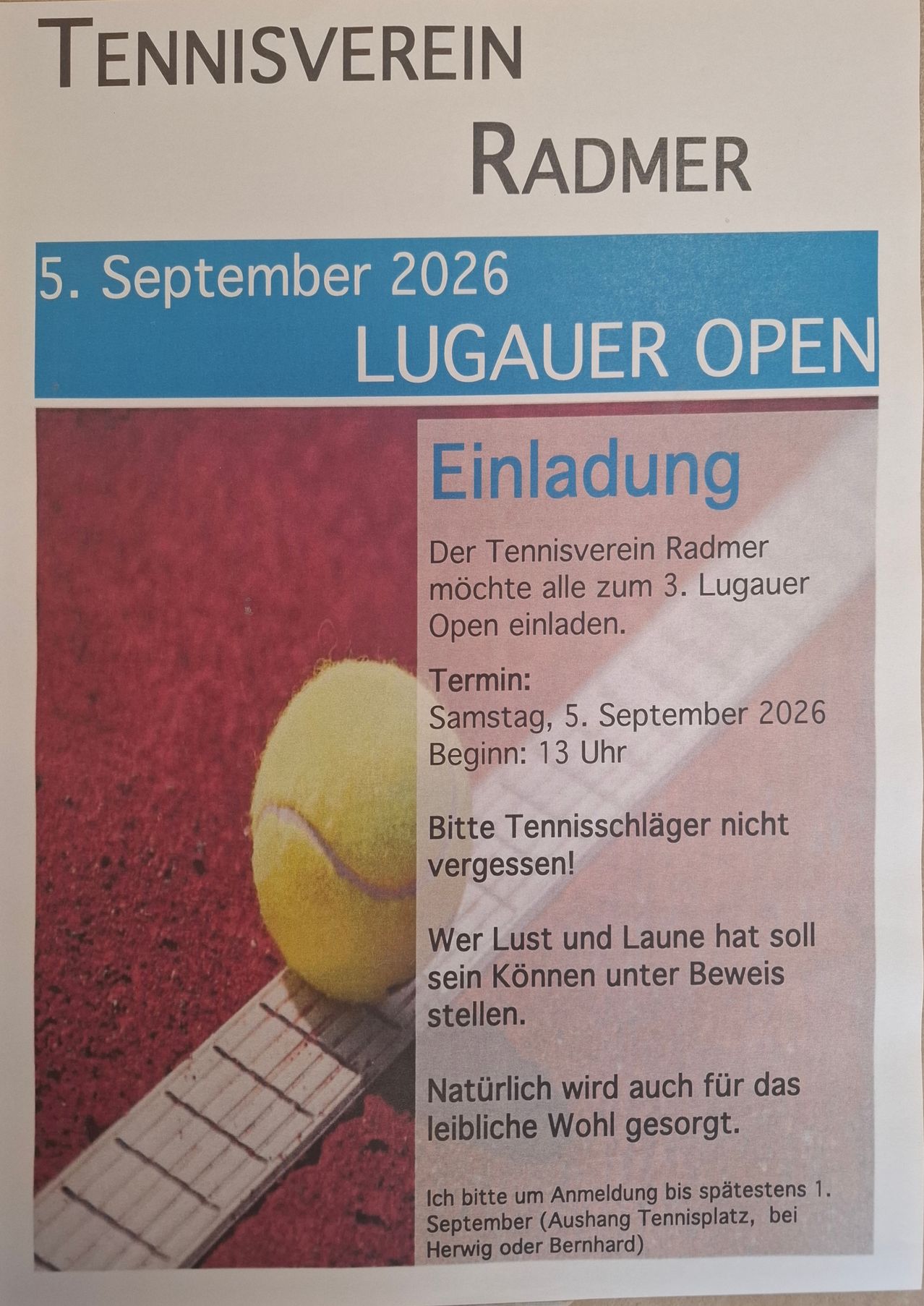 Plakat für das 3. Lugauer Open Tennisturnier am 5. September 2026. Es zeigt einen Tennisball auf einem Platz mit Details zum Veranstaltungsdatum, zur Zeit und zur Einladung.