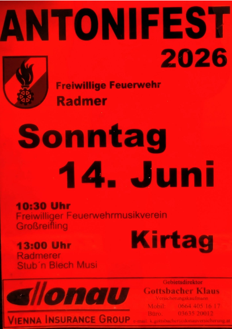 Plakat für das Antonifest 2026, mit Flammenlogo, Datum und Veranstaltungsdetails. Beinhaltet einen Zeitplan für die freiwillige Feuerwehr und den Musikverein am 14. Juni. Enthält Kontaktdaten des Bezirksdirektors.