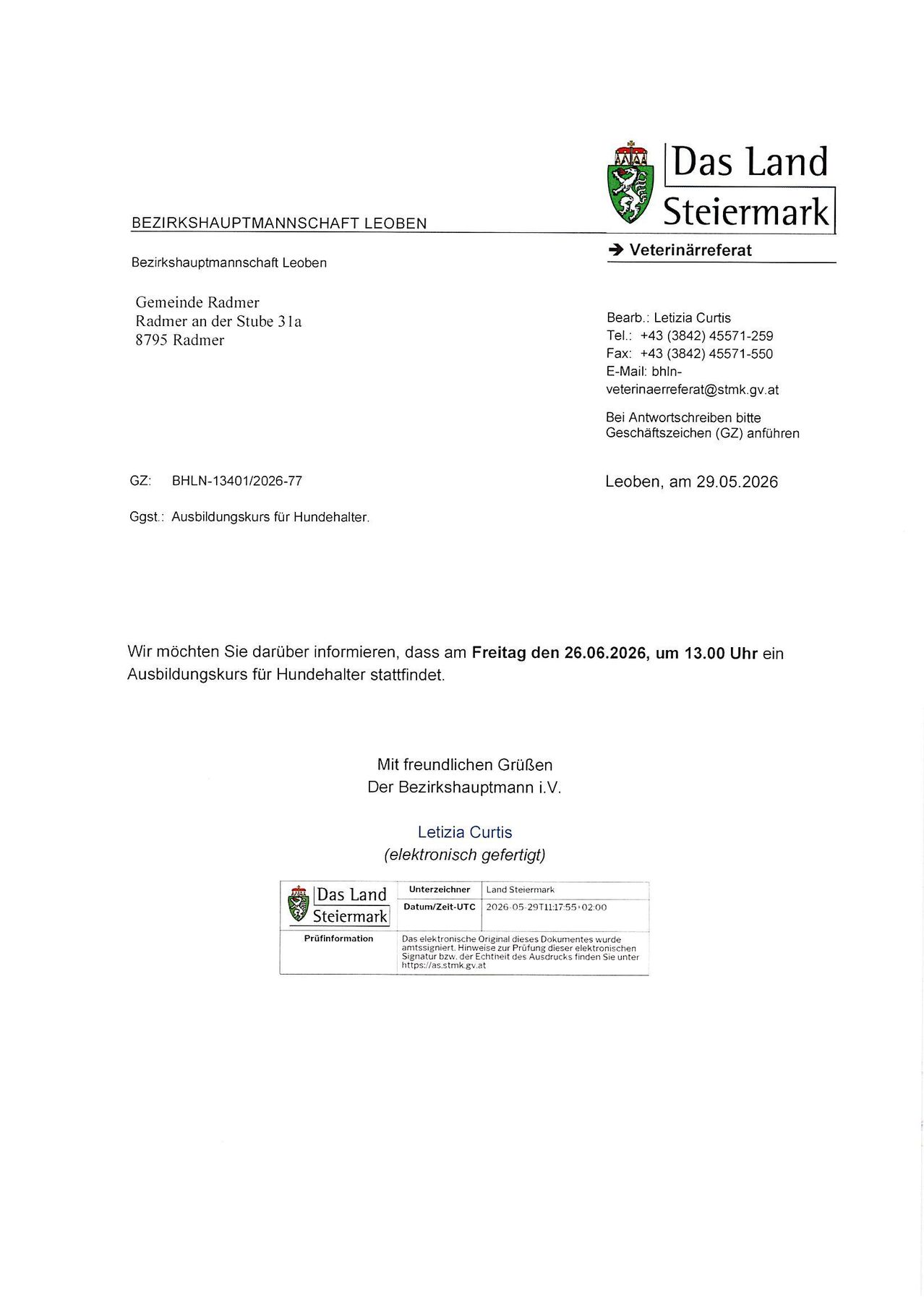 Amtlicher Brief des Bezirkshauptmannschaft Leoben über einen Seminar für Hundehalter. Kontaktdaten und Kursinformationen sind angegeben. Datum: 29.05.2026.