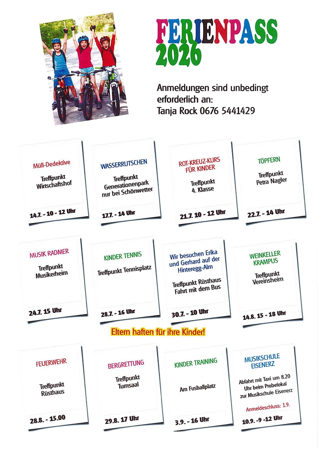 Flyer mit verschiedenen Aktivitäten für Kinder, einschließlich Treffpunkten, Zeiten und Kontaktdaten. Aktivitäten umfassen Musik, Tennis, Feuerwehr und mehr. Eltern werden gebeten, ihre Kinder festzuhalten.