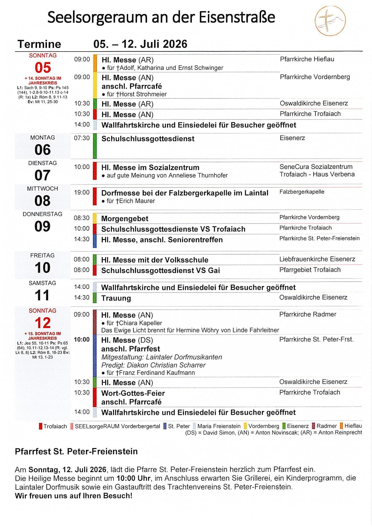 Ein wöchentlicher Zeitplan von Messen und Veranstaltungen für eine religiöse Gemeinschaft, mit Details zu Orten, Zeiten und besonderen Teilnehmern. Jeder Eintrag gibt Datum, Zeit, Ort und eventuelle bemerkenswerte Teilnehmer an.