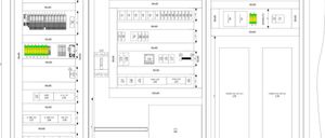 Das Bild zeigt drei beschriftete Abschnitte, Rang 1, Schrank 2 und Schrank 3. Jeder Abschnitt umfasst ein Rasterlayout mit Maßen und Anmerkungen wie Abmessungen, Spannungen und Teileidentifikatoren. Die Maße sind in Millimetern angegeben. Schrank 2 und Schrank 3 enthalten elektrische Symbole und Komponenten.