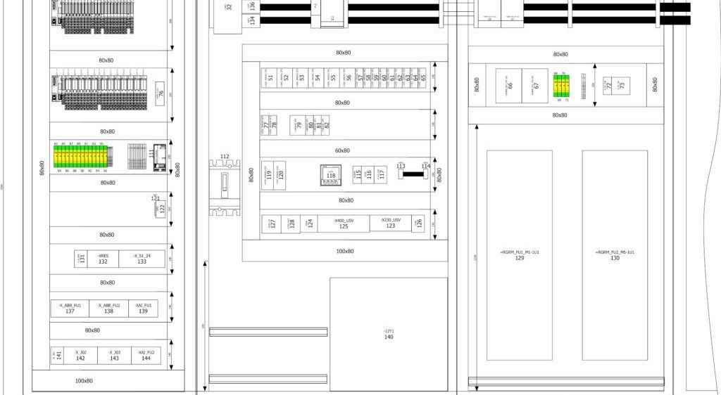 Das Bild zeigt drei beschriftete Abschnitte, Rang 1, Schrank 2 und Schrank 3. Jeder Abschnitt umfasst ein Rasterlayout mit Maßen und Anmerkungen wie Abmessungen, Spannungen und Teileidentifikatoren. Die Maße sind in Millimetern angegeben. Schrank 2 und Schrank 3 enthalten elektrische Symbole und Komponenten.