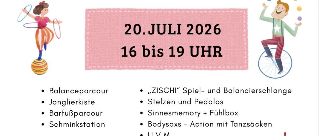 Plakat für eine Kinderveranstaltung, 'Ferienspass mit dem Sinnes-Spielbus', am 20. Juli 2026 von 16 bis 19 Uhr in Poldiheim, Hartholzstrasse 37. Aktivitäten umfassen Balanceparcours, Seilziehen und Pedalos, Barfußparcours, und mehr.