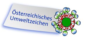 A gray background with blue text saying 'terreichisches weltzeichen' and a circular emblem with green, blue, and red colors.