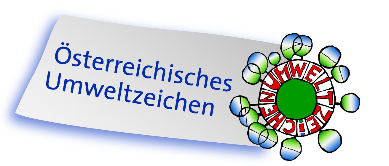 Ein grauer Hintergrund mit blauem Text 'terreichisches weltzeichen' und einem kreisförmigen Emblem mit grünen, blauen und roten Farben.