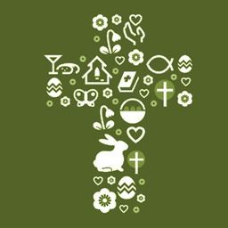 Ein grüner Hintergrund mit einem Kreuzdesign aus verschiedenen Ostersymbolen, darunter Eier, Herzen und ein Hase.