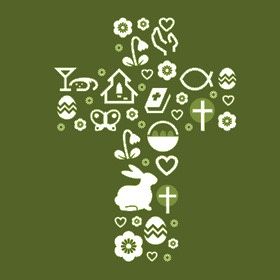 Ein grüner Hintergrund mit einem Kreuzdesign aus verschiedenen Ostersymbolen, darunter Eier, Herzen und ein Hase.