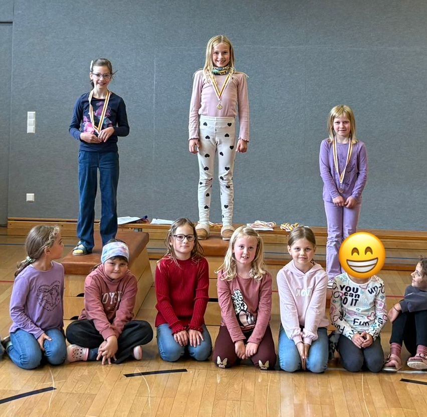 Eine Gruppe junger Mädchen posiert für ein Foto, drei stehen und die anderen sitzen auf dem Boden. Sie tragen alle Medaillen und lächeln. Ein Mädchen steht auf einer Bank hinter ihnen.