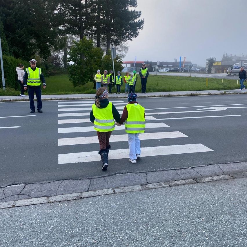 Zwei Kinder in reflektierenden Westen überqueren eine Straße, begleitet von Erwachsenen. Im Hintergrund sind Bäume und geparkte Autos zu sehen.
