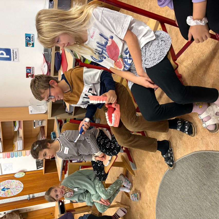 In einem Klassenzimmer versammeln sich mehrere Kinder um einen Tisch und beschäftigen sich mit einer Aktivität. Ein Mädchen hält ein Zahnmodell, während ein Junge neben ihr eine Zahnbürste benutzt. Ein weiteres Kind sitzt in der Nähe, und eine Frau im Hintergrund beobachtet.