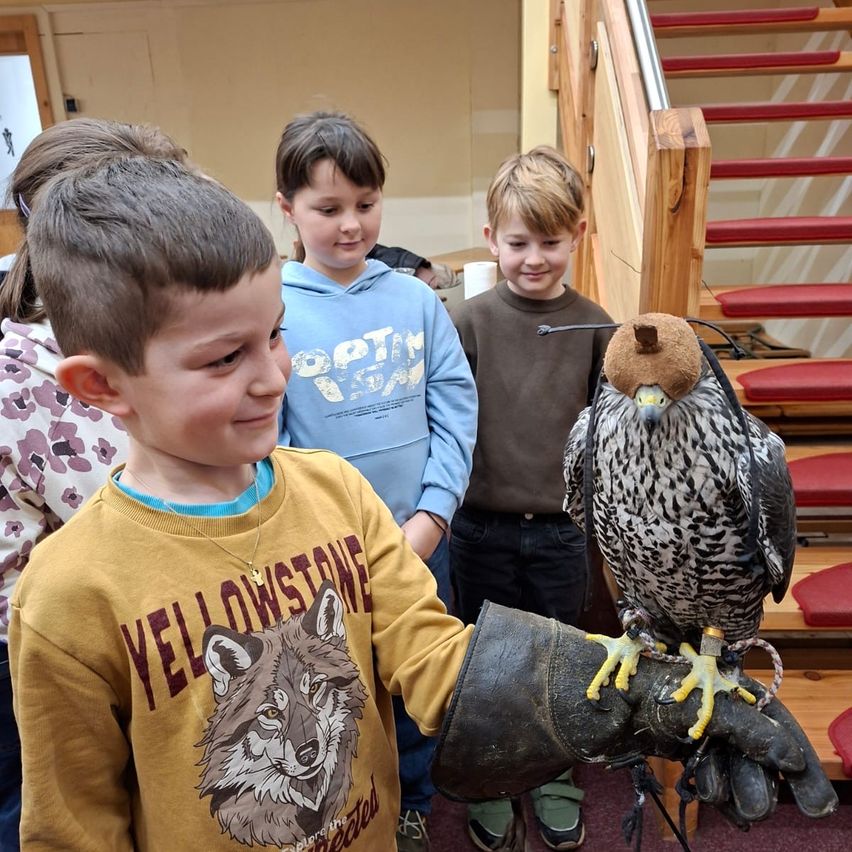 Ein Junge hält einen Falken, der auf seiner behandschuhten Hand sitzt, mit zwei anderen Kindern, die hinter ihm stehen, eines in einer blauen Kapuzenjacke und das andere in einem braunen Hemd.