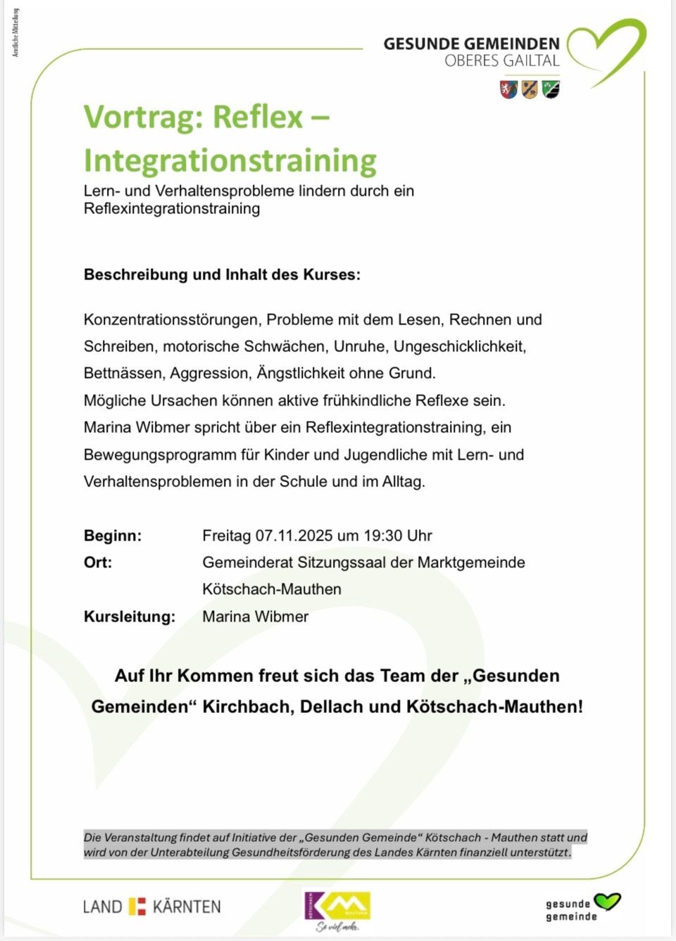 Das Bild ist ein Flyer für einen Integrationstraining-Kurs. Es bietet Informationen zu Konzentrationsstörungen, Lese- und Schreibproblemen, motorischen Schwächen und Verhaltensproblemen. Der Kurs wird von Marina Wibner geleitet und beginnt am Freitag, den 7. November 2025, um 19:30 Uhr.