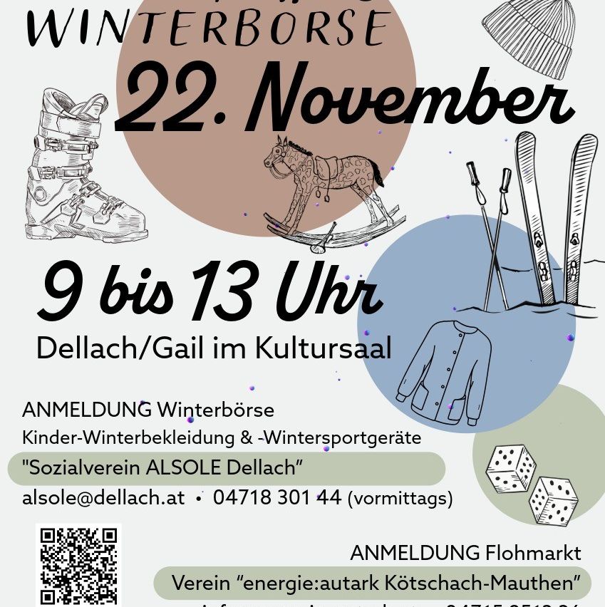 Plakat für den Wintermarkt in Dellach/Gaill mit Winterschuhen, einem Pferd, Skiern und Winterkleidung. Die Veranstaltung findet am 22. November von 9 bis 13 Uhr statt. Kontaktdetails zur Anmeldung sind angegeben.