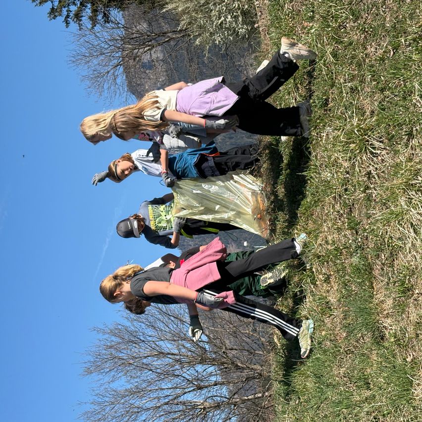 Fünf Personen sammeln Müll auf einem Grashang. Einige tragen Handschuhe und halten Taschen, während andere sich bücken. Das Gebiet ist von Bäumen umgeben.