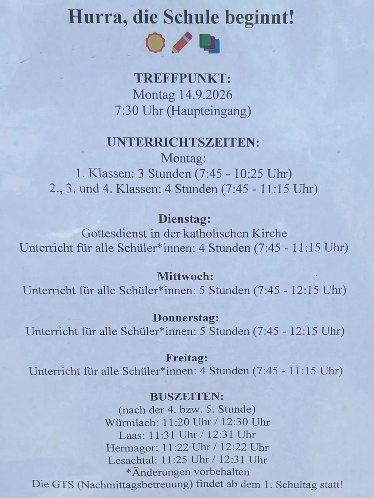 Ein Zeitplan für eine Schulveranstaltung am Montag, 14. September 2026, mit Unterrichtszeiten für verschiedene Klassen und einem Busfahrplan.