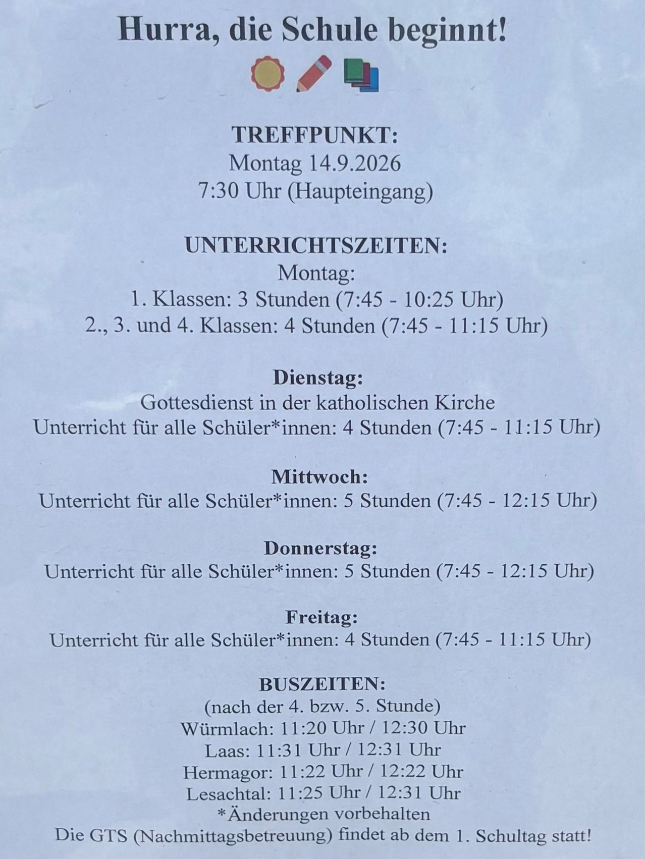 Ein Zeitplan für eine Schulveranstaltung am Montag, 14. September 2026, mit Unterrichtszeiten für verschiedene Klassen und einem Busfahrplan.