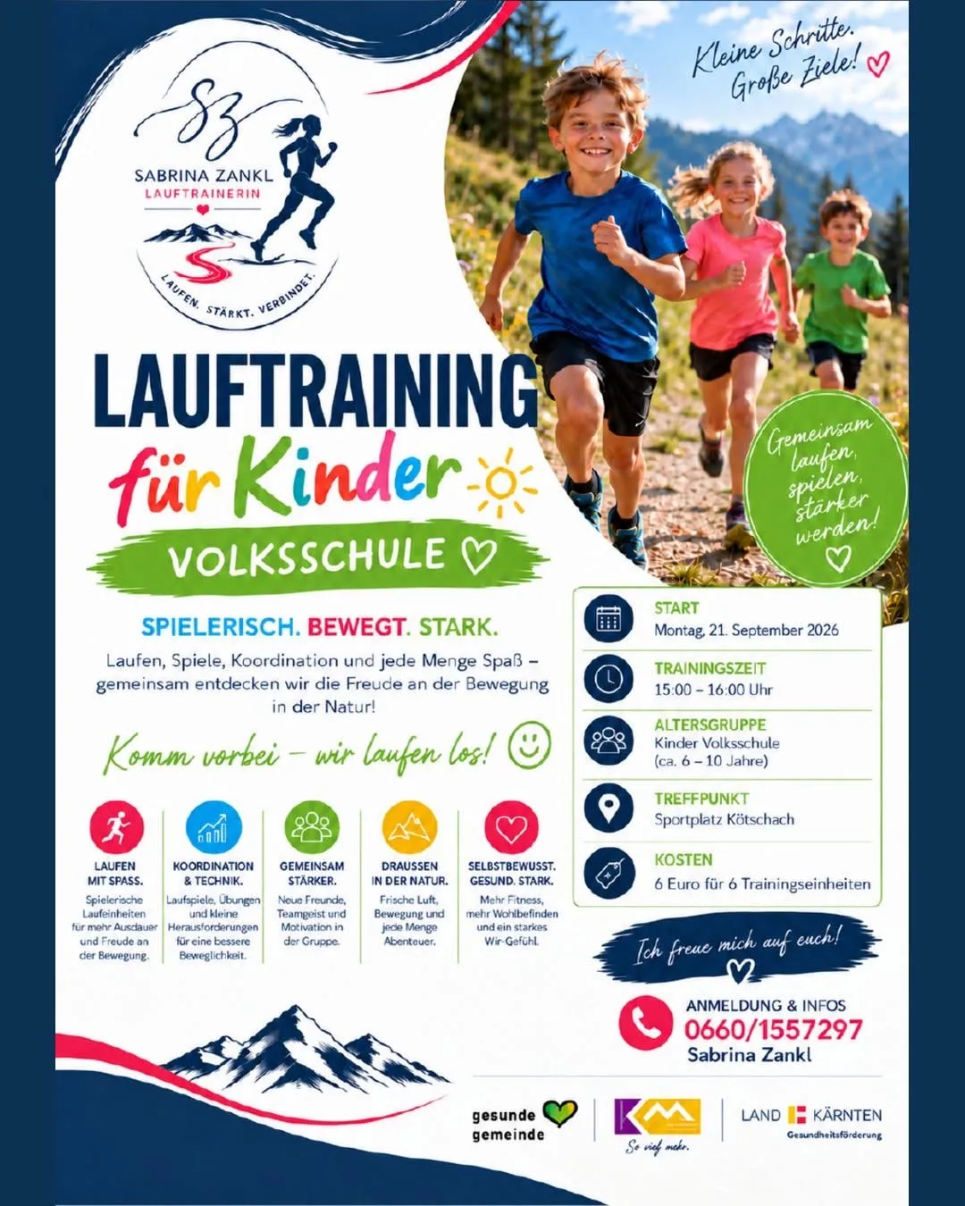 Plakat für Lauftraining für Kinder Volksschule, das Kinder beim Laufen im Freien mit Berghintergrund zeigt. Das Plakat enthält Details zum Trainingsplan, Altersgruppe und Ort.