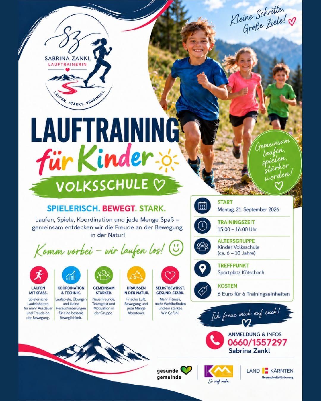 Plakat für Lauftraining für Kinder Volksschule, das Kinder beim Laufen im Freien mit Berghintergrund zeigt. Das Plakat enthält Details zum Trainingsplan, Altersgruppe und Ort.