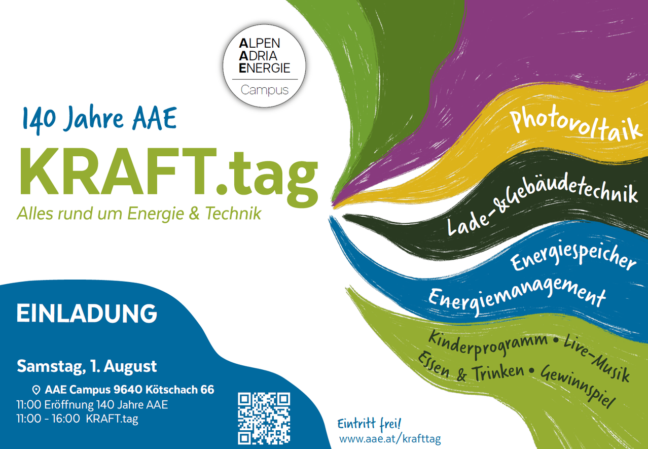 Plakat für die AFT.tag Veranstaltung mit lebhaften Farben, einem QR-Code und Informationen über Datum und Ort, mit Schwerpunkt auf Energie und Technik.