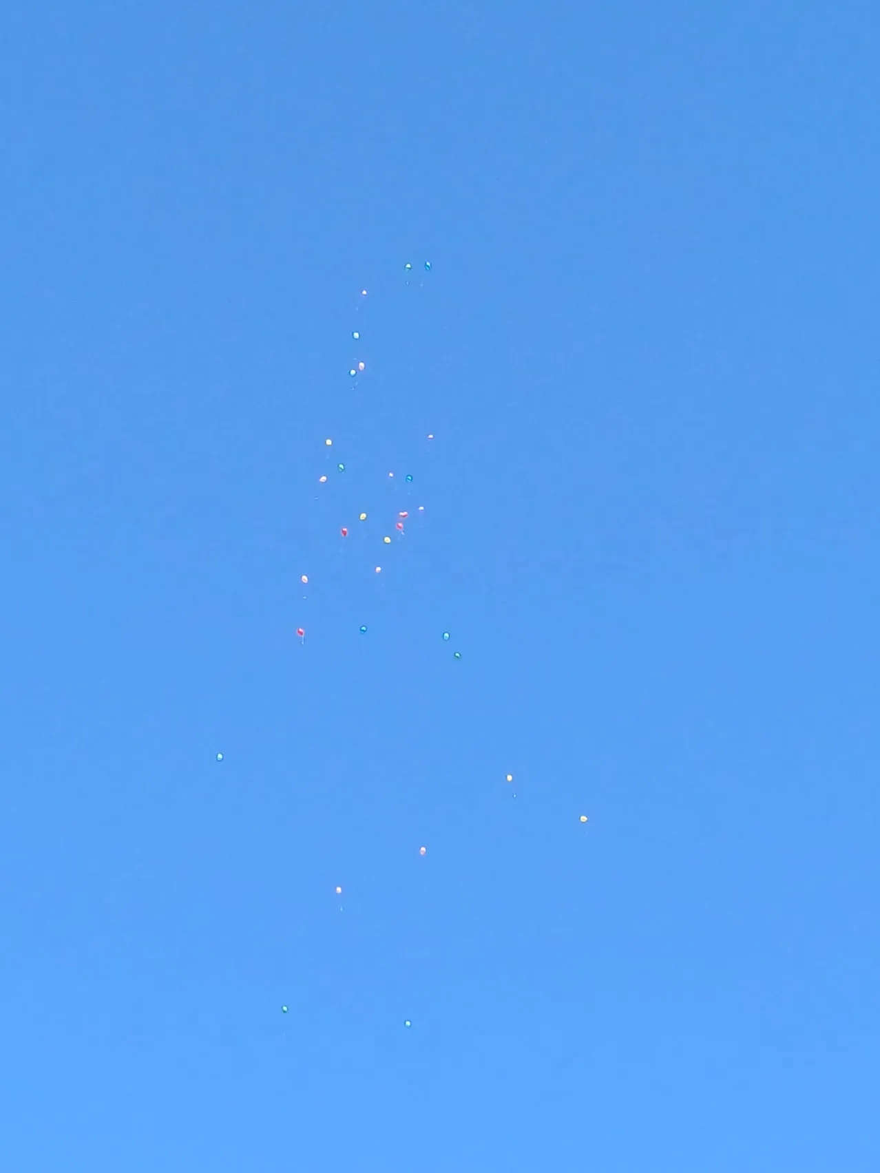 Ein Cluster aus bunten Luftballons schwebt in einem klaren blauen Himmel und steigt diagonal auf.
