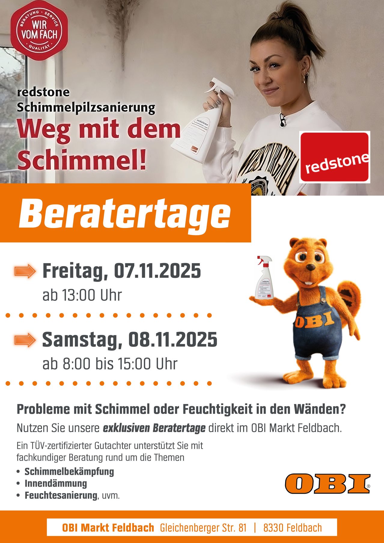 Werbeanzeige für eine Beratung zur Schimmelsanierung mit einem Maskottchen und Terminen. Freitag, 7. November 2025, ab 13 Uhr, und Samstag, 8. November 2025, von 8 bis 15 Uhr. Lösungen für Schimmel- oder Feuchtigkeitsprobleme.