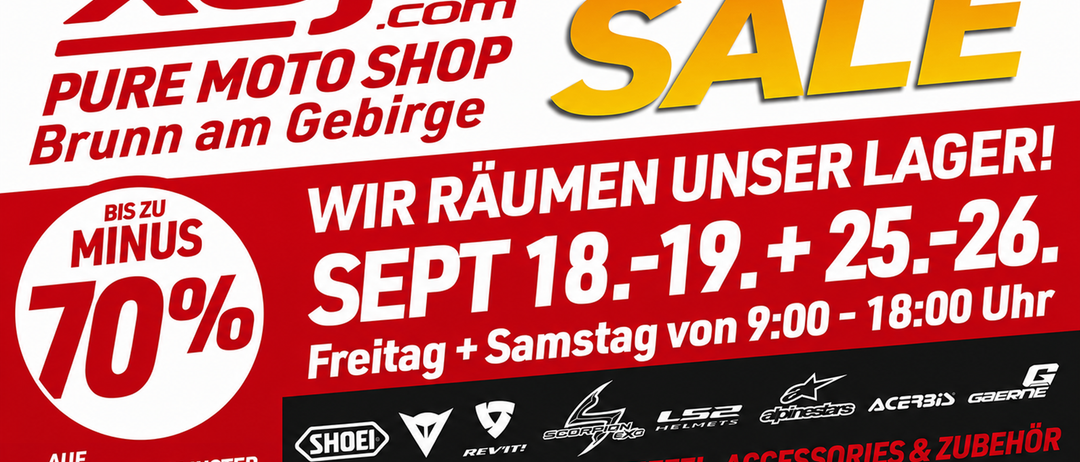 Werbeplakat für den Sommerverkauf von Xajo.com mit Rabatten und Öffnungszeiten. Termine: 18.-19. September. Plus 25% Rabatt. Freitag und Samstag von 9:00 Uhr bis 18:00 Uhr geöffnet.