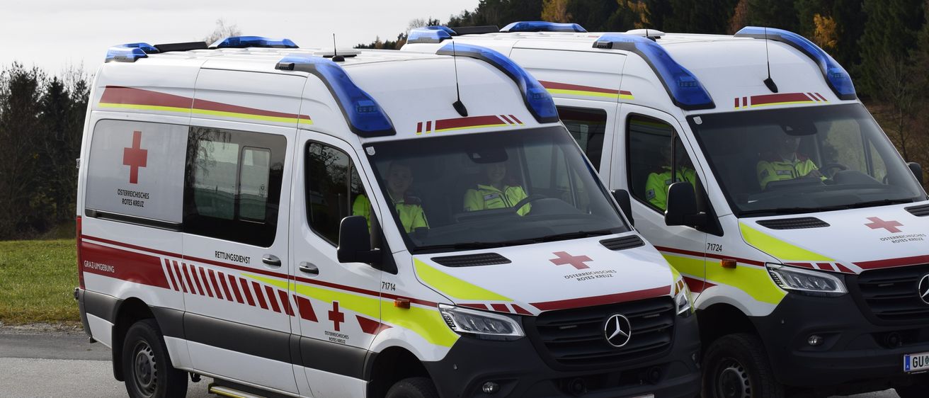 Zwei weiße Ambulanzfahrzeuge mit roten und gelben Streifen sind in einer Reihe auf einer Straße mit nebligem Hintergrund geparkt.