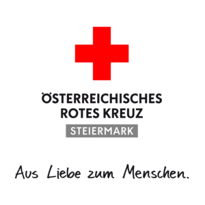 Ein rotes Kreuz-Symbol mit dem Text 'Osterreichisches Rotes Kreuz Steiermark' und 'Aus Liebe zum Menschen' auf schwarzem Hintergrund.