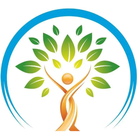 Ein stilisierter Baum mit grünen Blättern und einer menschlichen Figur an seiner Basis, umgeben von einem blauen Kreis.