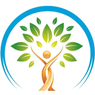 Ein stilisierter Baum mit grünen Blättern und einer menschlichen Figur an seiner Basis, umgeben von einem blauen Kreis.