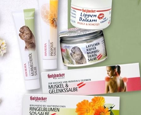 Eine Sammlung von natürlichen Hautpflegeprodukten, darunter Cremes, Salben und Öle, die auf einem grünen Hintergrund mit Blumen und Kräutern ausgestellt sind. Zu den Produkten gehören lavendelduftende Artikel, Lippenbalsam und eine Gelenk- und Muskelpflegesalbe.