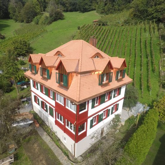 Ein Luftbild eines großen Hauses mit rotem Dach und grünen Fensterläden. Das Haus ist von grünen Feldern, Büschen und Bäumen umgeben.