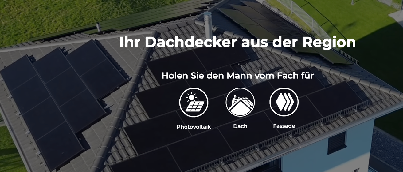 An advertisement for a roofing company. It shows a roof with solar panels, a roofer, and a house. It says hire the expert for photovoltaic, roofing, and facade.