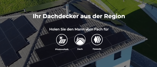 An advertisement for a roofing company. It shows a roof with solar panels, a roofer, and a house. It says hire the expert for photovoltaic, roofing, and facade.