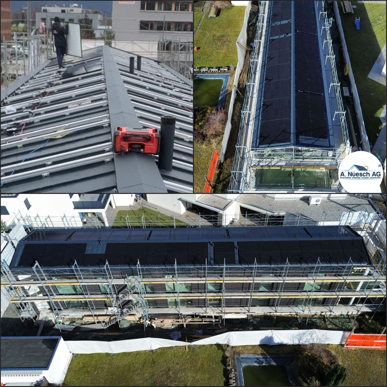 An aerial view of a building under construction. A person is standing on the roof with a tool. Another section shows a building with solar panels.
