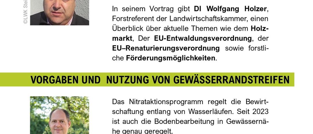 Veranstaltung am 03.03.2026 mit Vorträgen über Forstwirtschaft und Nitrataktionsprogramme. DI Wolfgang Holzer und Ing. Stefan Neubauer präsentieren. Ort: Kultursaal Frannach. Nähere Informationen: Reiter & Scherling.