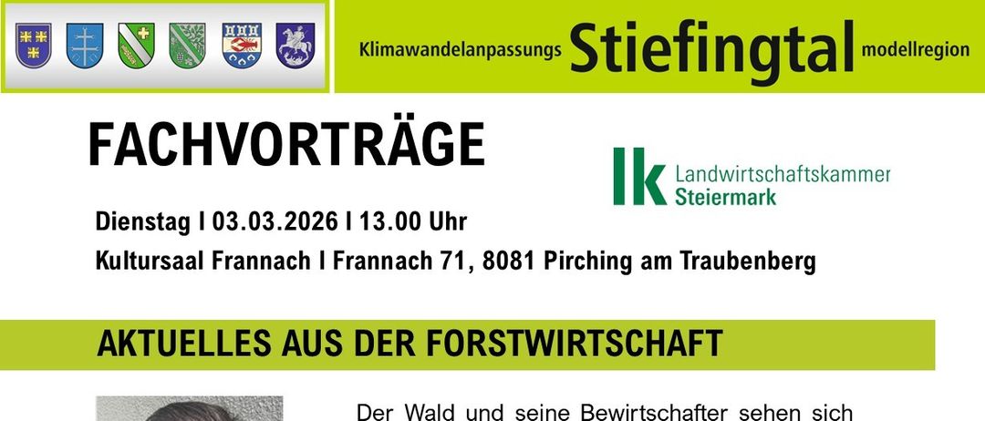 Flyer für eine Forstveranstaltung am 3. März 2026. Die Veranstaltung bietet Vorträge zu aktuellen forstwirtschaftlichen Themen und Gewässerrandstreifen-Praktiken, mit Referenten der Landwirtschaftskammer. Eine optionale Waldbesichtigung ist verfügbar.