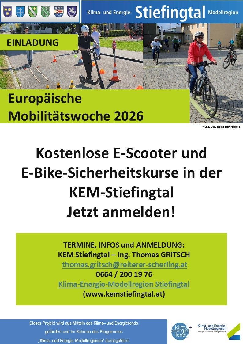 Plakat zur Europäischen Mobilitätswoche 2026 mit kostenlosen E-Scooter- und E-Bike-Sicherheitskursen im KEM-Stiefingtal. Es enthält Kontaktinformationen zur Anmeldung.